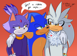 Size: 1300x953 | Tagged: safe, artist:fire-for-battle, blaze the cat, silver the hedgehog, sonic the hedgehog, 2020, arms around another's shoulders, blushing, dialogue, english text, gay, heart, lidded eyes, looking at each other, looking at them, orange background, redraw, scene interpretation, simple background, smile, sonilver, speech bubble, standing, trio
