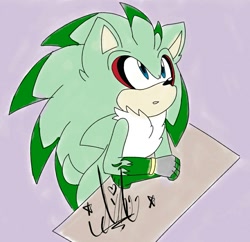 Size: 887x857 | Tagged: safe, artist:jyllhedgehog367, oc, oc:jeffry the hedgehog, hedgehog, 2017, arms folded, blue eyes, chest fluff, ear fluff, fankid, fingerless gloves, green fur, looking up, magical gay spawn, male, neck fluff, oc only, parent:jet, parent:sonic, parents:sonjet, purple background, signature, simple background, solo