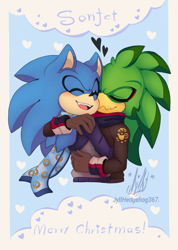 Size: 914x1284 | Tagged: safe, artist:jyllhedgehog367, jet the hawk, sonic the hedgehog, 2019, abstract background, blushing, border, christmas, coat, cute, duo, english text, eyes closed, gay, heart, hugging, jetabetes, scarf, shipping, smile, sonabetes, sonjet