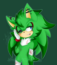 Size: 871x992 | Tagged: semi-grimdark, artist:jyllhedgehog367, oc, oc:jeffry the hedgehog, hedgehog, 2018, bandage, blood, blue eyes, chest fluff, clenched teeth, ear piercing, fankid, green background, green fur, hand on own face, injured, looking offscreen, magical gay spawn, male, oc only, one eye closed, outline, parent:jet, parent:sonic, parents:sonjet, simple background, smile, solo, standing