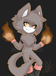Size: 920x1234 | Tagged: safe, artist:jyllhedgehog367, oc, oc:dexio the cat, cat, 2018, black background, boots, chest fluff, clenched teeth, fingerless gloves, fire, flames, grey fur, lidded eyes, looking at viewer, male, oc only, orange eyes, outline, signature, simple background, smile, solo, yellow sclera