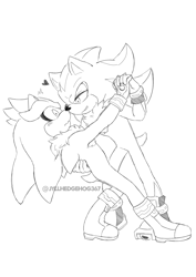 Size: 1000x1414 | Tagged: safe, artist:jyllhedgehog367, shadow the hedgehog, silver the hedgehog, blushing, dancing, duo, gay, heart, lidded eyes, looking at each other, shadow x silver, shipping, simple background, smile, white background
