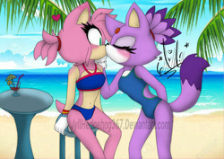 Size: 1024x725 | Tagged: safe, artist:jyllhedgehog367, amy rose, blaze the cat, 2017, amy x blaze, beach, bikini, blushing, clouds, cocktail, daytime, duo, eyes closed, kiss, lesbian, looking at them, ocean, outdoors, palm tree, shipping, signature, sitting, standing, swimsuit