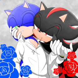Size: 720x720 | Tagged: semi-grimdark, artist:hikaemi, shadow the hedgehog, sonic the hedgehog, 2017, abstract background, bite mark, blood, clenched teeth, crucifix, gay, hand on another's face, holding hands, lidded eyes, one eye closed, rose, shadow x sonic, shipping, shirt, standing, vampire