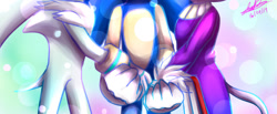 Size: 912x374 | Tagged: safe, artist:vegetitakawaii, blaze the cat, silver the hedgehog, sonic the hedgehog, 2019, abstract background, bisexual, holding hands, polyamory, shipping, signature, sonaze, sonilver, standing, straight, trio