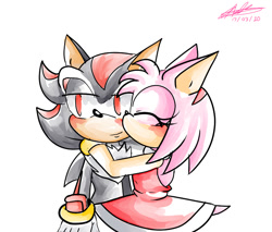 Size: 800x682 | Tagged: safe, artist:vegetitakawaii, amy rose, shadow the hedgehog, 2020, blushing, duo, eyes closed, kiss on cheek, lidded eyes, shadamy, shipping, signature, simple background, smile, standing, straight, white background