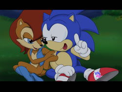 Size: 960x720 | Tagged: safe, artist:segamew, sally acorn, sonic the hedgehog, 2011, duo, grass, linking arms, nighttime, outdoors, redraw, shipping, sitting, sonally, sonic satam, straight