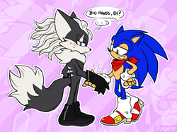Size: 1896x1420 | Tagged: safe, artist:pukopop, infinite the jackal, sonic the hedgehog, 2022, abstract background, bandana, blushing, dialogue, duo, english text, fingerless gloves, frown, gay, holding hands, lidded eyes, shipping, smile, sonfinite, standing, sweatdrop
