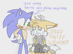 Size: 1482x1100 | Tagged: safe, artist:pukopop, miles "tails" prower, nine, sonic the hedgehog, sonic prime, 2022, crying, dialogue, duo, english text, floppy ears, frown, grey background, head pat, looking at each other, mouth open, sfx, simple background, smile, standing, tears