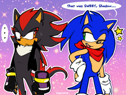 Size: 1606x1212 | Tagged: safe, artist:pukopop, shadow the hedgehog, sonic the hedgehog, ..., 2022, abstract background, bandana, complimenting, dialogue, duo, english text, fingerless gloves, flirting, frown, gay, jacket, looking at each other, shadow x sonic, shipping, speech bubble, standing, star (symbol), sweatdrop, wink