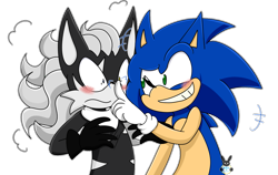 Size: 1213x768 | Tagged: safe, artist:silverxcristal, infinite the jackal, sonic the hedgehog, 2018, blushing, boop, clenched teeth, duo, frown, gay, nose boop, shipping, shrunken pupils, simple background, smile, sonfinite, standing, transparent background