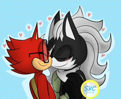 Size: 1012x824 | Tagged: safe, artist:silverxcristal, gadget the wolf, infinite the jackal, 2018, blue background, blushing, duo, eyes closed, gay, heart, nuzzle, outline, rookinite, shipping, simple background, smile