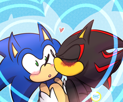 Size: 1200x1000 | Tagged: safe, artist:silverxcristal, shadow the hedgehog, sonic the hedgehog, 2018, :o, abstract background, blushing, duo, eyes closed, gay, heart, holding them, kiss on cheek, mouth open, shadow x sonic, shipping, shrunken pupils