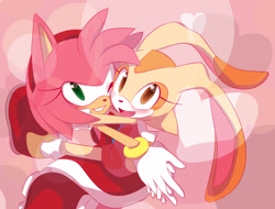 Size: 2225x1691 | Tagged: safe, artist:ni-qu, amy rose, cream the rabbit, 2015, abstract background, amybetes, blushing, creamabetes, cute, duo, female, heart, holding each other, smile