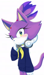 Size: 1809x3081 | Tagged: safe, artist:ni-qu, blaze the cat, 2015, blushing, female, frown, headphones, jumper, kuudere, looking at viewer, simple background, solo, standing, white background