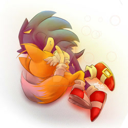 Size: 900x900 | Tagged: safe, artist:icy-cream-24, miles "tails" prower, sonic the hedgehog, 2016, abstract background, clenched teeth, deviantart watermark, duo, eyes closed, gay, holding each other, lying on side, shipping, sleeping, sonic x tails