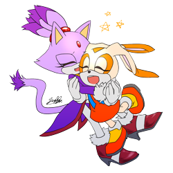 Size: 1200x1200 | Tagged: safe, artist:icy-cream-24, blaze the cat, cream the rabbit, 2016, duo, duo female, eyes closed, hugging, mouth open, signature, simple background, smile, sonic rush, star (symbol), transparent background