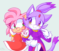 Size: 2300x2000 | Tagged: safe, artist:yoshiyoshi700, amy rose, blaze the cat, 2021, :3, amy x blaze, amybetes, blazeabetes, blue background, blushing, duo, eye clipping through hair, lesbian, linking arms, looking at each other, shipping, simple background, smile, standing