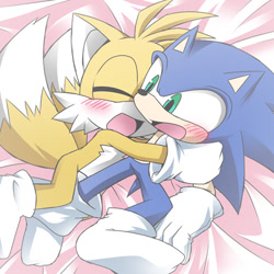 Size: 450x450 | Tagged: safe, artist:kogami, miles "tails" prower, sonic the hedgehog, 2012, abstract background, bed, blushing, chibi, cuddling, duo, eyes closed, gay, looking at them, lying back, lying on side, shipping, shoes off, sonic x tails