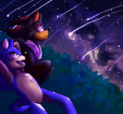Size: 1008x936 | Tagged: safe, artist:azuredreamrealm, shadow the hedgehog, sonic the hedgehog, 2018, abstract background, crouching, duo, frown, gay, grass, looking up, lying down, meteor shower, mouth open, nighttime, outdoors, shadow x sonic, shipping, smile, star (sky)