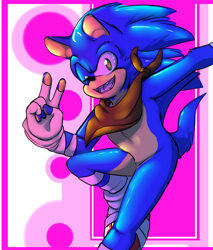 Size: 1224x1440 | Tagged: safe, artist:azuredreamrealm, sonic the hedgehog, 2018, abstract background, bandana, fingerless gloves, looking at viewer, mouth open, running, smile, solo, sonic boom (tv), v sign, wink
