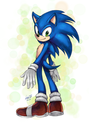 Size: 1668x2388 | Tagged: safe, artist:leons-7, sonic the hedgehog, sonic the hedgehog (2020), 2020, abstract background, looking back at viewer, male, signature, smile, solo, standing