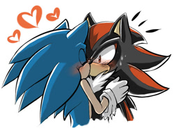 Size: 900x697 | Tagged: safe, artist:leons-7, shadow the hedgehog, sonic the hedgehog, 2013, bust, duo, duo male, eyes closed, gay, heart, holding them, kiss, looking at them, shadow x sonic, shipping, simple background, surprised, sweatdrop, torn gloves, white background