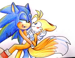 Size: 853x662 | Tagged: safe, artist:pegasister2251, miles "tails" prower, sonic the hedgehog, 2018, blushing, carrying them, duo, floppy ears, gay, holding them, lidded eyes, looking at each other, pencilwork, shipping, simple background, sonic x tails, standing, traditional media, white background