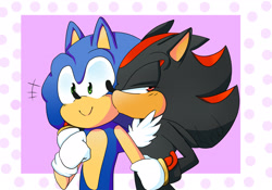 Size: 3109x2173 | Tagged: safe, artist:pegasister2251, shadow the hedgehog, sonic the hedgehog, 2018, abstract background, blushing, border, cute, duo, gay, hand on another's arm, holding hands, kiss on cheek, lidded eyes, looking offscreen, shadow x sonic, shadowbetes, shipping, smile, sonabetes, standing, surprised
