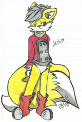 Size: 1024x1525 | Tagged: safe, artist:somnbraraul, miles (anti-mobius), fox, 2013, abstract background, character name, ear fluff, english text, frown, lidded eyes, lined paper, looking offscreen, male, pencilwork, signature, solo, standing, traditional media