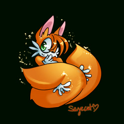 Size: 1000x1000 | Tagged: safe, artist:sayacat, miles "tails" prower, 2008, alternate eye color, green background, green eyes, holding tail, looking offscreen, male, pink ears, signature, simple background, smile, solo, sparkles
