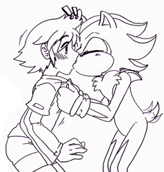 Size: 455x477 | Tagged: safe, artist:cloud-kitsune, chris thorndyke, shadow the hedgehog, human, 2013, blushing, chrisadow, crack shipping, duo, exclamation mark, eyes closed, gay, grabbing shirt, kiss, male, monochrome, shipping, simple background, standing, surprised, wagging tail, white background