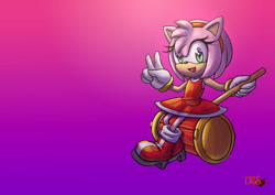 Size: 1280x905 | Tagged: safe, artist:tinyredsquirrel, amy rose, 2021, female, gradient background, holding something, looking at viewer, mouth open, piko piko hammer, signature, smile, solo, standing, v sign, wallpaper