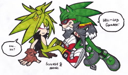 Size: 1973x1168 | Tagged: safe, artist:dawnhedgehog555, manik the hedgehog, scourge the hedgehog, 2015, blushing, clenched teeth, crack shipping, dialogue, duo, duo male, english text, fingerless gloves, frown, gay, leaning forward, looking at each other, male, older, scouranik, shipping, simple background, sitting, smile, speech bubble, traditional media, white background