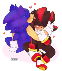 Size: 3352x3833 | Tagged: safe, artist:dirtyteeths, shadow the hedgehog, sonic the hedgehog, 2020, blushing, duo, duo male, gay, heart, lidded eyes, looking at them, male, nuzzle, shadow (lighting), shadow x sonic, shipping, simple background, sitting, smile, white background
