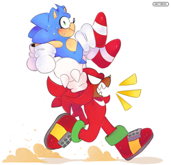 Size: 4107x3962 | Tagged: safe, artist:dirtyteeths, knuckles the echidna, sonic the hedgehog, 2020, blushing, carrying them, duo, duo male, dust clouds, frown, male, running, sharp teeth, shrunken pupils, simple background, sweatdrop, white background