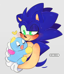 Size: 2442x2815 | Tagged: safe, artist:dirtyteeths, sonic the hedgehog, chao, 2020, blushing, bust, duo, eyes closed, genderless, heart, holding them, hugging, lidded eyes, looking at them, male, mouth open, neutral chao, sleeping, smile, standing, sweatdrop, wagging tail
