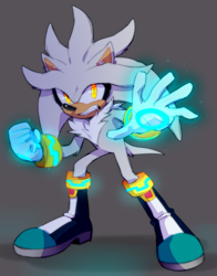 Size: 2256x2872 | Tagged: safe, artist:bongwater777, silver the hedgehog, 2020, clenched teeth, fighting pose, glowing, glowing eyes, grey background, looking at viewer, male, reaching towards the viewer, shadow (lighting), simple background, solo, standing