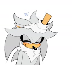 Size: 1424x1299 | Tagged: safe, artist:bongwater777, silver the hedgehog, sonic the hedgehog, 2020, blushing, disembodied arm, duo, duo male, eyes closed, floppy ears, head pat, male, offscreen character, sfx, simple background, smile, solo focus, standing, white background