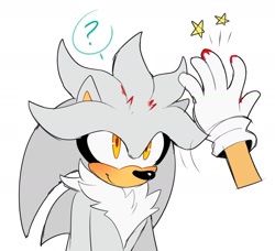 Size: 1424x1299 | Tagged: semi-grimdark, artist:bongwater777, silver the hedgehog, sonic the hedgehog, 2020, bleeding, blood, blushing, disembodied arm, duo, duo male, injured, looking offscreen, male, question mark, smile, solo focus, standing, star (symbol)