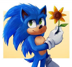 Size: 1442x1350 | Tagged: safe, artist:bongwater777, sonic the hedgehog, sonic the hedgehog (2020), 2020, abstract background, border, fluffy, holding something, looking up, male, smile, solo, standing, sunflower