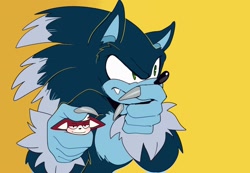 Size: 1950x1350 | Tagged: safe, artist:bongwater777, chip, sonic the hedgehog, 2020, blushing, duo, floppy ears, frown, holding them, looking offscreen, one fang, simple background, standing, were form, werehog, yellow background