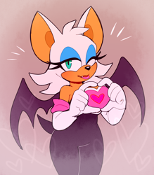 Size: 1300x1484 | Tagged: safe, artist:bongwater777, rouge the bat, 2020, abstract background, female, heart, heart hands, looking at viewer, mouth open, one fang, smile, solo, standing, wink