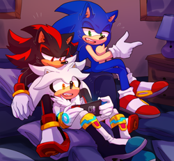 Size: 2616x2420 | Tagged: safe, artist:bongwater777, shadow the hedgehog, silver the hedgehog, sonic the hedgehog, 2020, abstract background, bed, bedroom, chest fluff, ear fluff, gaming, lamp, leaning on them, lidded eyes, looking at something, looking at them, male, males only, mouth open, nintendo switch, pillow, sitting, smile, table, trio, trio male