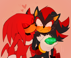 Size: 2136x1736 | Tagged: safe, artist:bongwater777, knuckles the echidna, shadow the hedgehog, 2020, blushing, chaos emerald, duo, eyes closed, fluffy, frown, gay, heart, holding something, kiss on cheek, knuxadow, red background, shipping, shoulder fluff, shrunken pupils, simple background, standing
