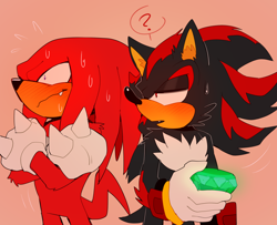 Size: 2136x1736 | Tagged: safe, artist:bongwater777, knuckles the echidna, shadow the hedgehog, 2020, arms folded, blushing, chaos emerald, duo, duo male, embarrassed, frown, gay, holding something, knuxadow, lidded eyes, looking at them, looking away, male, mouth open, question mark, red background, shipping, shrunken pupils, simple background, standing, sweatdrop