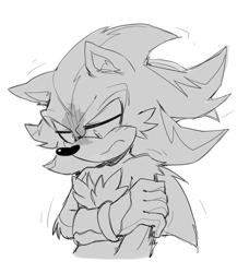 Size: 1360x1490 | Tagged: safe, artist:bongwater777, shadow the hedgehog, 2020, blushing, bust, floppy ears, frown, greyscale, hand on own arm, lidded eyes, looking down, male, sad, simple background, solo, sonic boom (tv), white background