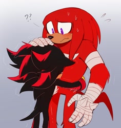 Size: 1430x1512 | Tagged: safe, artist:bongwater777, knuckles the echidna, shadow the hedgehog, 2020, blushing, comforting, confused, duo, duo male, floppy ears, frown, gay, gradient background, hand on another's head, hugging, knuxadow, looking at them, male, sad, shipping, sonic boom (tv), standing, sweatdrop