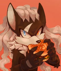 Size: 1980x2310 | Tagged: safe, artist:bongwater777, infinite the jackal, 2020, cheeseburger, eating, holding something, lineless, looking at viewer, one fang, orange background, simple background, solo, standing