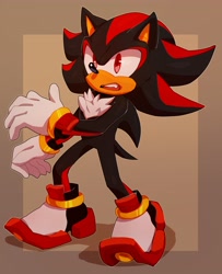 Size: 3331x4096 | Tagged: safe, artist:bongwater777, shadow the hedgehog, 2020, abstract background, border, looking offscreen, male, mouth open, one fang, solo, standing